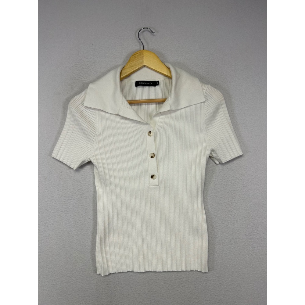 Preppy Old Money Merokeety Women M White Ribbed Short Sleeve Henley Polo Top